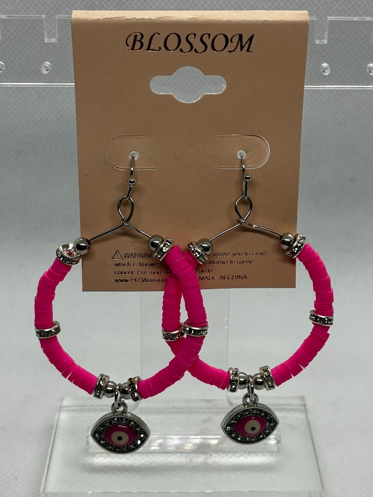 3for$30 Blossom Pink Evil Eye Hoop Beaded Boho Trendy Earrings